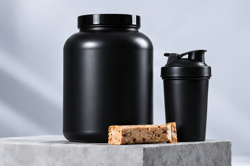 Sports nutrition essentials: protein tub, shaker and protein snack bar