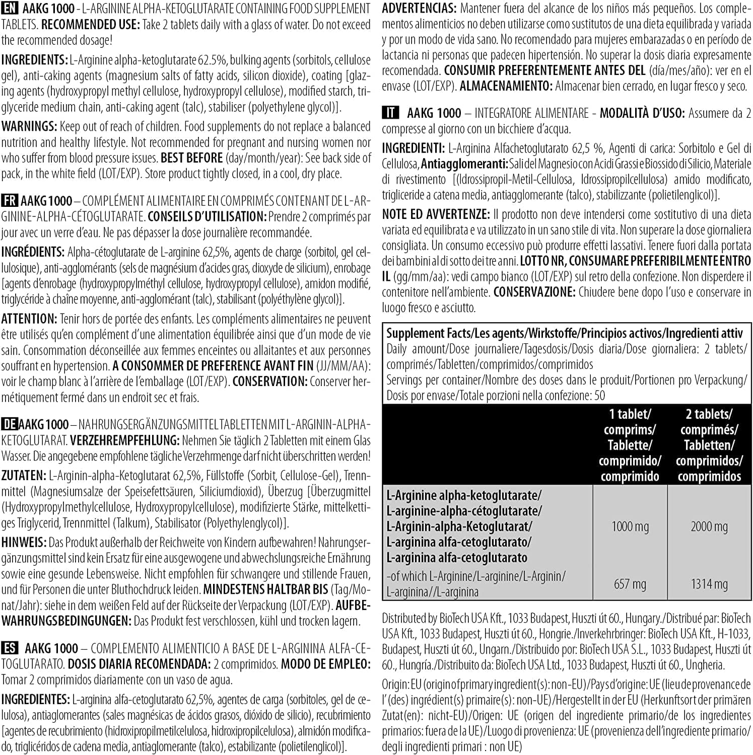 BioTech USA AAKG 1000mg - 100 Tablets