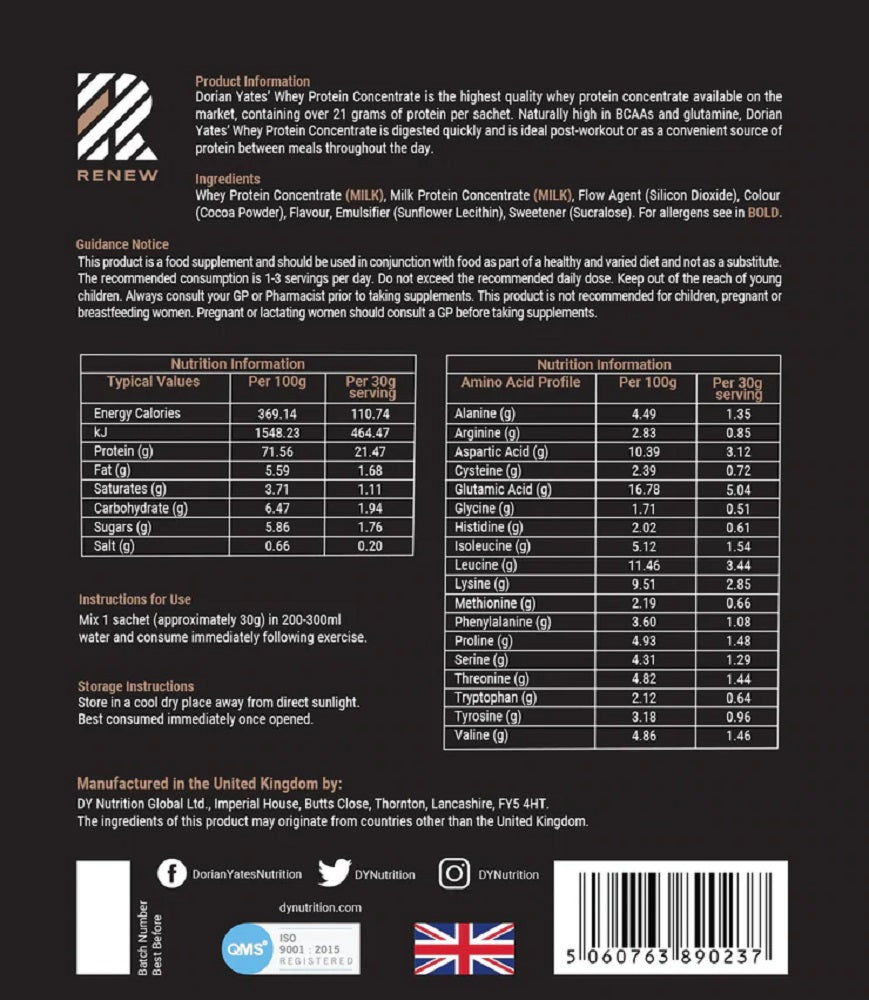 Dorian Yates Renew Whey Protein Concentrate Box 30x30g