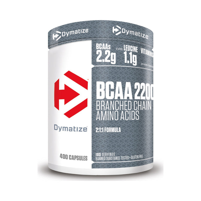 Dymatize BCAA 2200 – 400 Capsules – front of tub