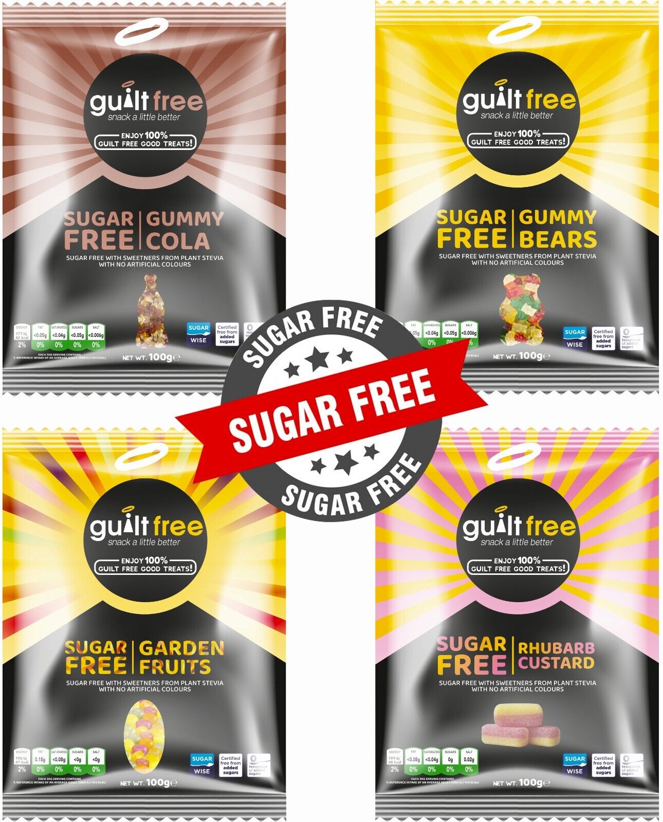 GuiltFree Sugar Free Sweets / Gummies / Lollipop - 4 x 100g
