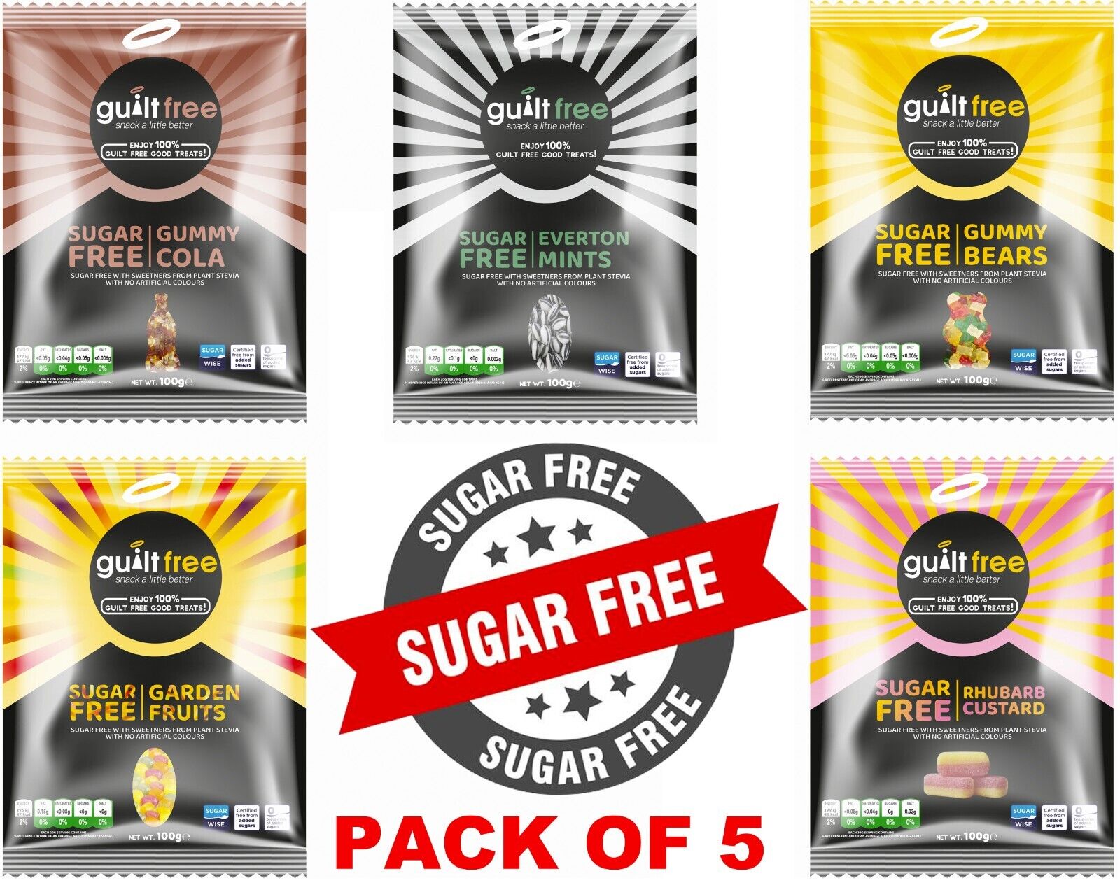 GuiltFree Sugar Free Sweets / Gummies / Lollipop - 5 x 100g