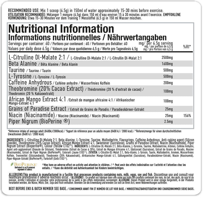 Per4m Energy Pre Workout 390g — 390g / Pineapple — manufacturer nutrition panel 1