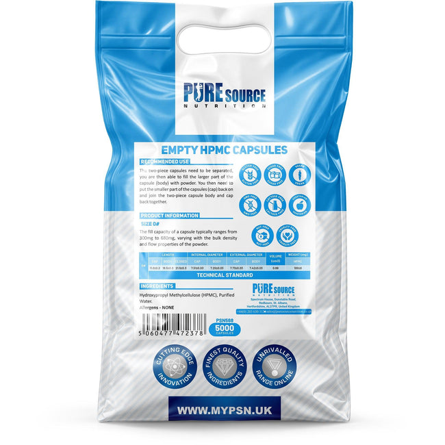 Pure Source Nutrition HPMC Vegan Empty Capsules White / Clear (Transparent) Size 0/00/1