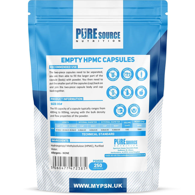 Pure Source Nutrition HPMC Vegan Empty Capsules White / Clear (Transparent) Size 0/00/1