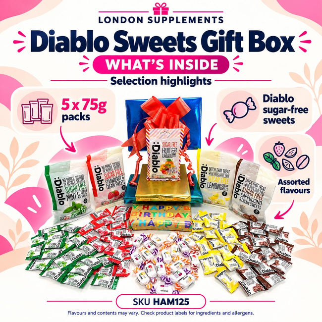 Sugar Free Diabetic Sweets 5x75g Gift Present Hamper Box – contents infographic