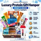Ultimate Protein Gift Hamper – 18-Piece Sports Nutrition Gift Box with Protein Bars, Cookies, Flapjacks, Shaker & Supplements – contents infographic