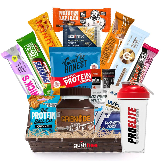 Ultimate Protein Gift Hamper – 18-Piece Sports Nutrition Gift Box with Protein Bars, Cookies, Flapjacks, Shaker & Supplements